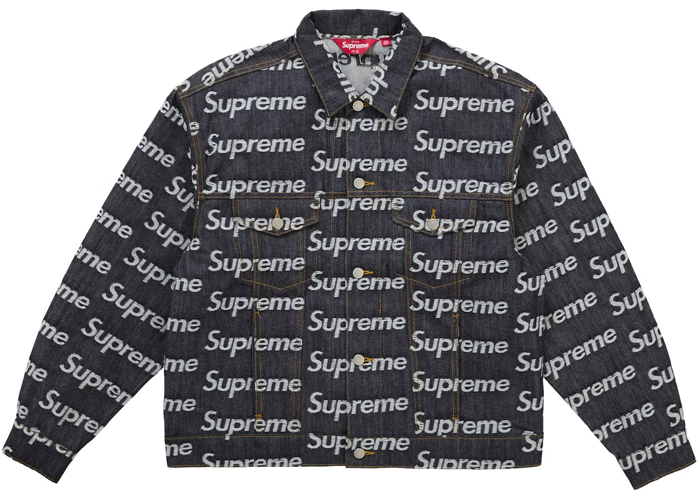 Supreme Jacquard Logos Denim Trucker Jacket Rigid Indigo