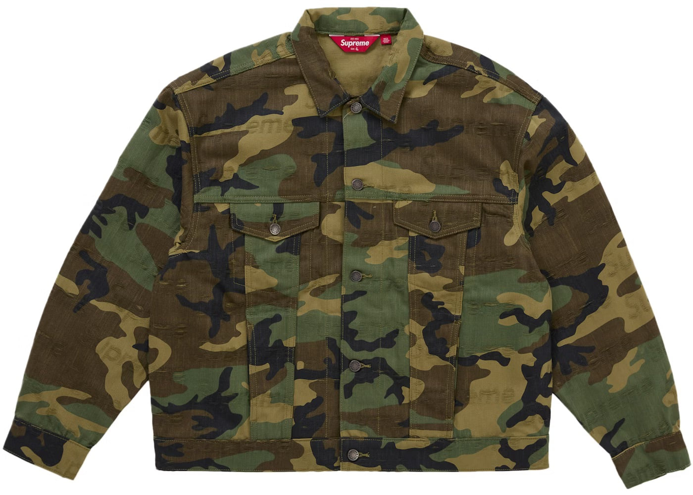 Supreme Jacquard Logos Denim Trucker Jacket Woodland Camo